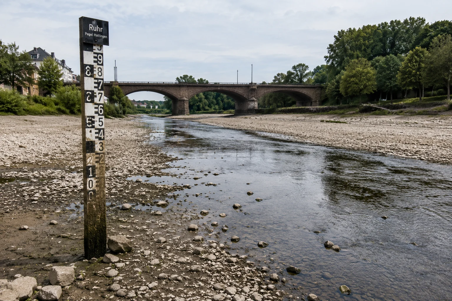 Pegellatte an der Ruhr bei extrem niedrigem Wasserstand mit freiliegendem Flussbett