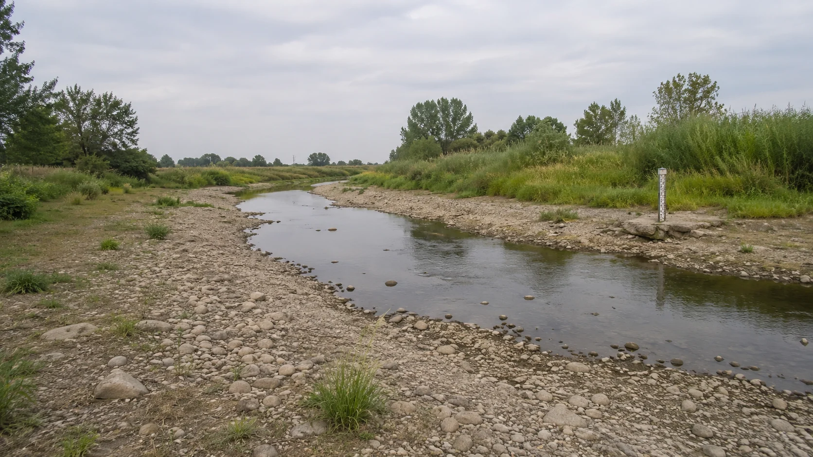 Niedriger Pegelstand an einem Flusslauf in Nordrhein-Westfalen