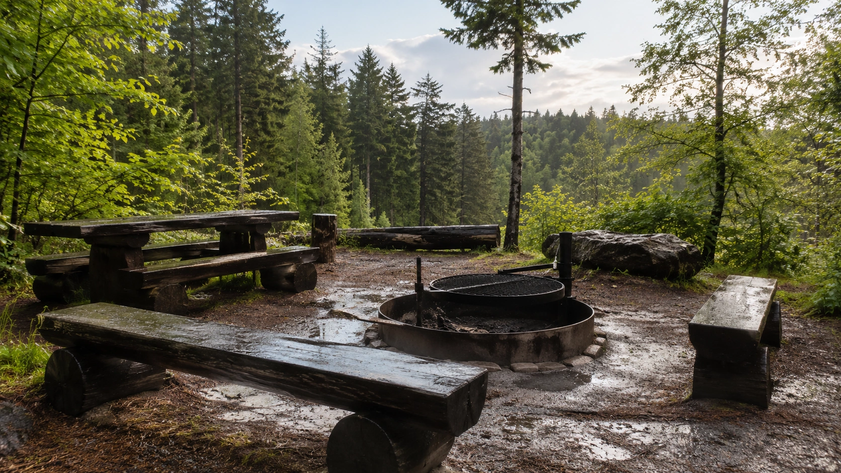 Regennasse Grillstelle im Wald, nach ergiebigem Regen wieder freigegeben