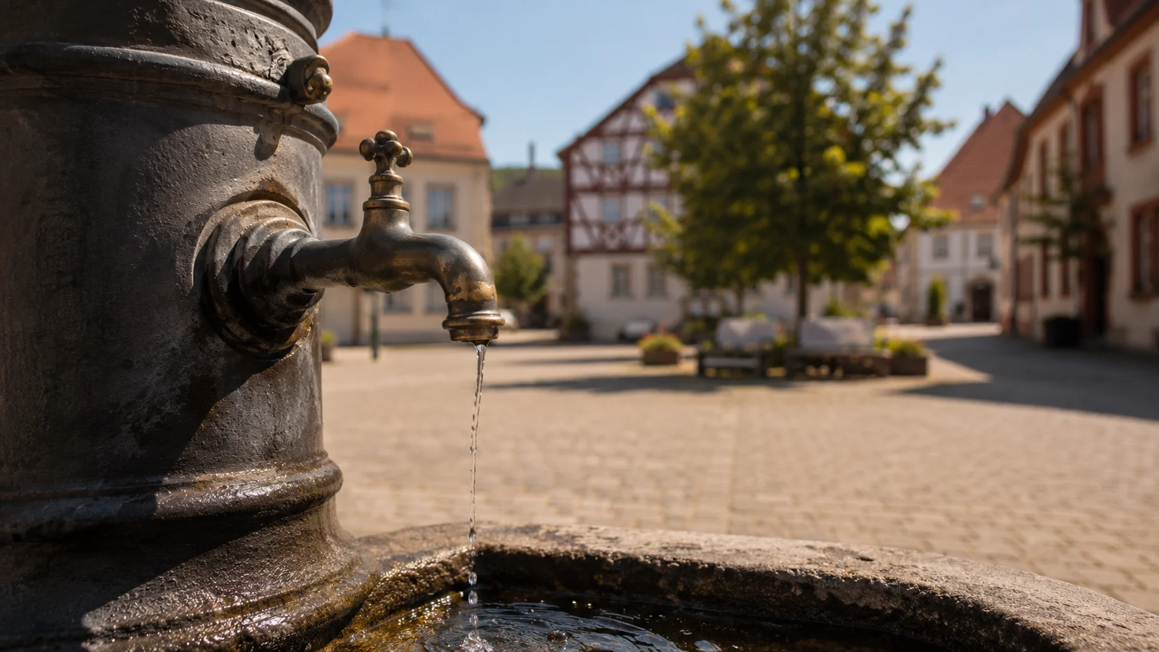 Historischer Trinkwasserbrunnen mit dünnem Wasserstrahl auf einem Marktplatz
