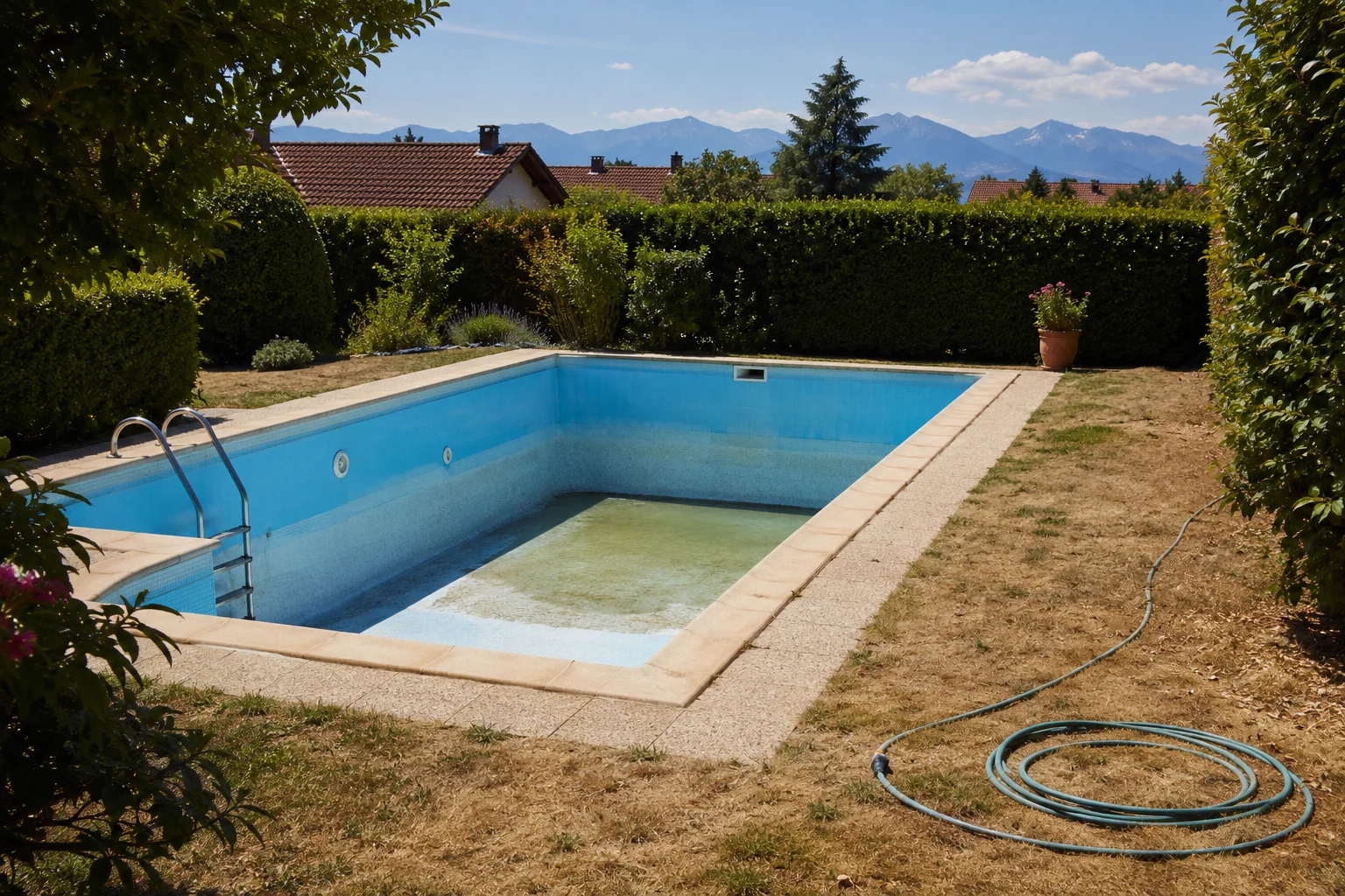 Fast leerer privater Gartenpool und aufgerollter Gartenschlauch bei Sommerhitze