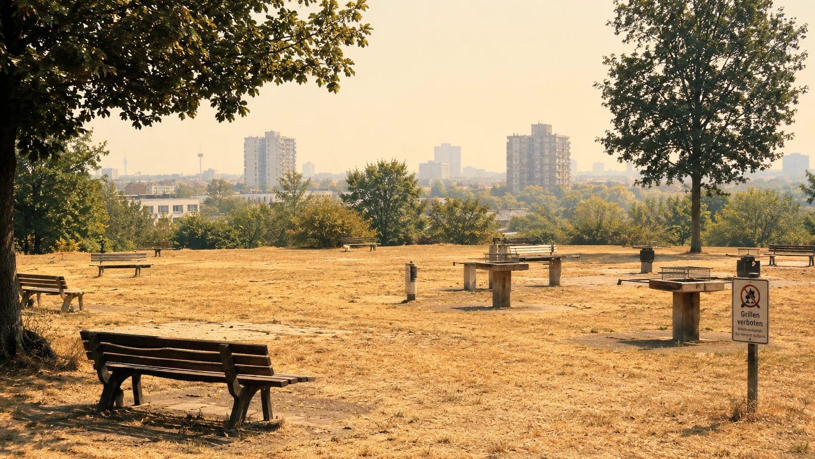 Öffentlicher Grillplatz in einer Grünanlage, Grillen wegen Waldbrandgefahr untersagt