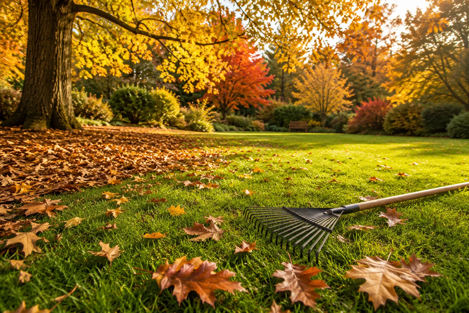 Herbstlaub auf einer Rasenfläche wird zusammengerecht