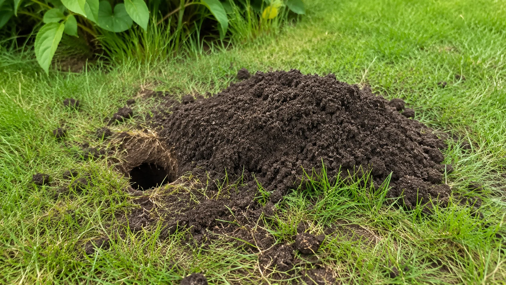 Erdhaufen und Wühlgänge einer Wühlmaus in einer Rasenfläche